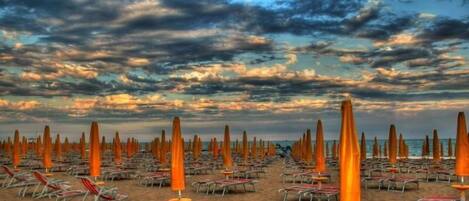 Beach nearby, sun loungers, beach umbrellas