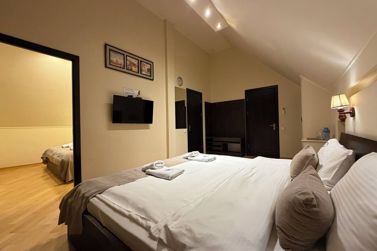 A hotel room with a large bed, a television, a wardrobe, and a bedside lamp.