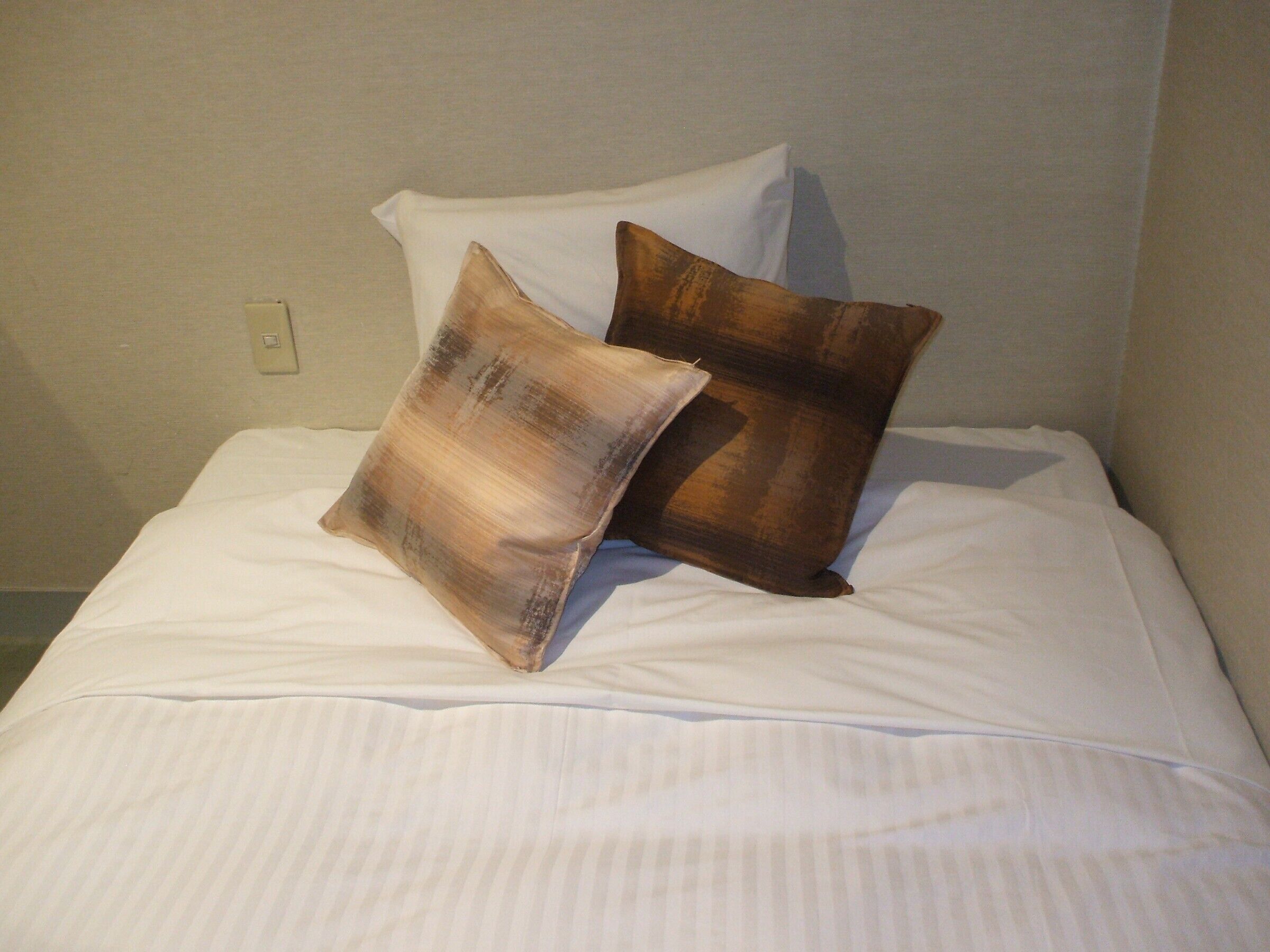 A bed with white bedding and two decorative pillows.