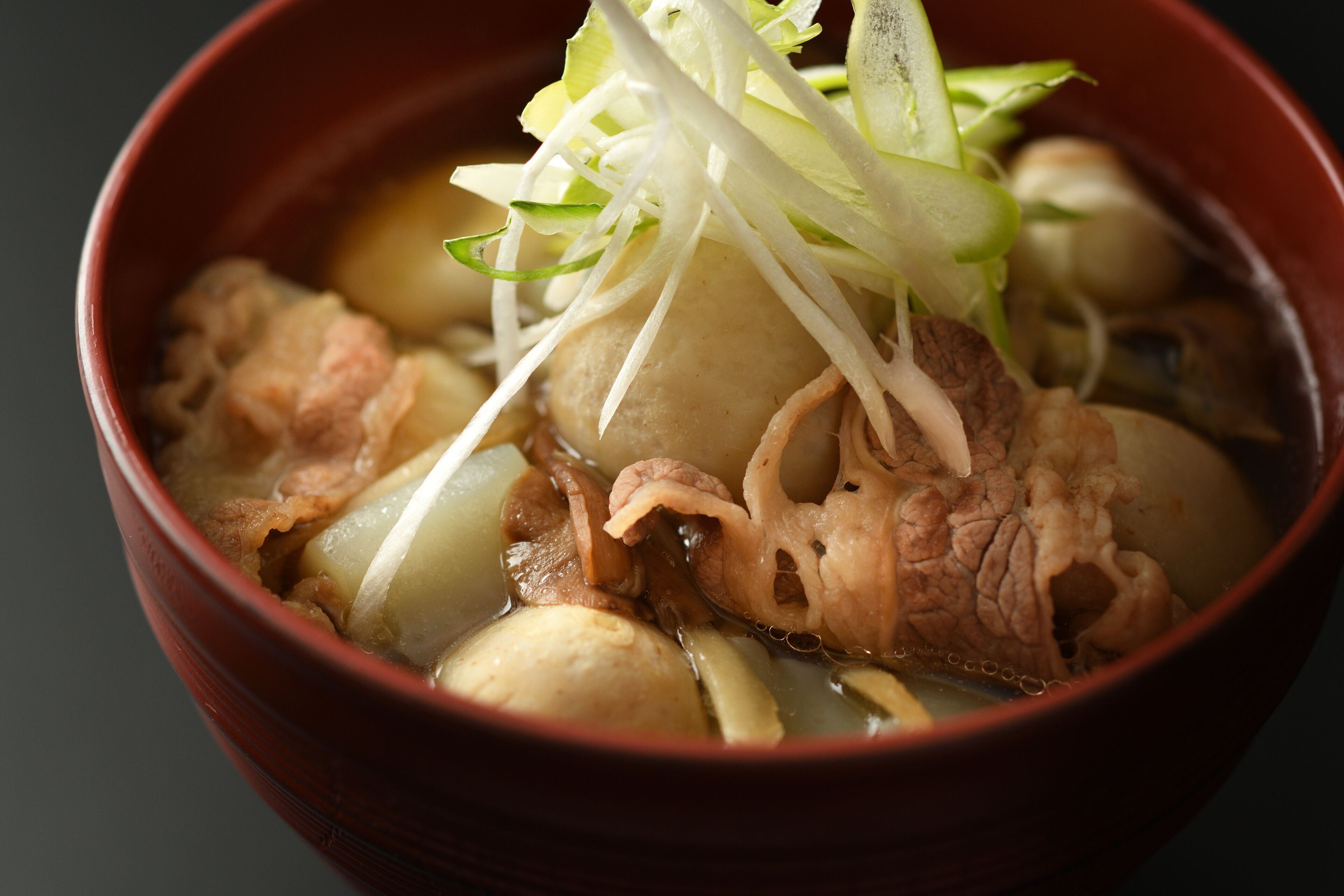 A bowl of soup with various ingredients.