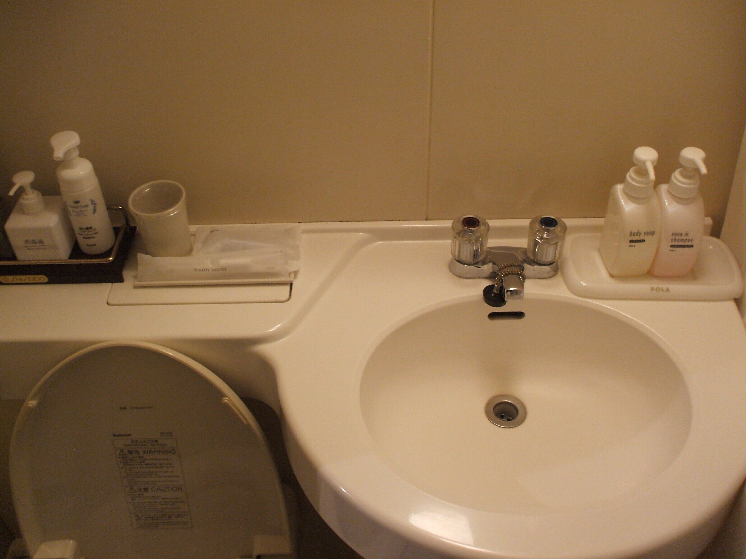 Een badkamer met een wastafel, toilet en toiletartikelen.
