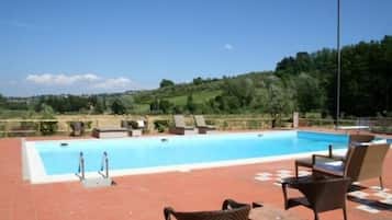 Seasonal outdoor pool, pool umbrellas, sun loungers