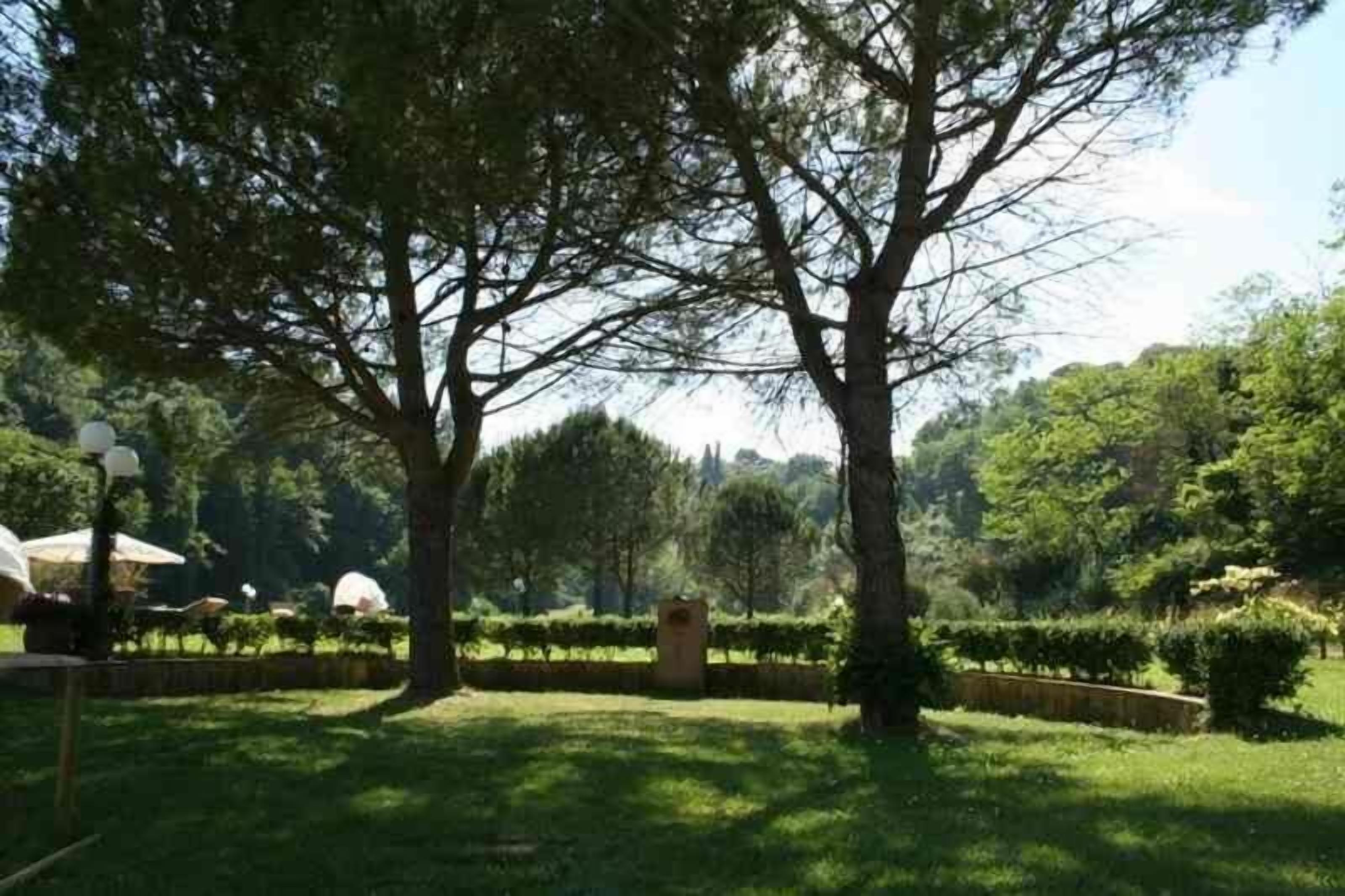 A garden with mature trees, a well-maintained lawn, and a stone wall.