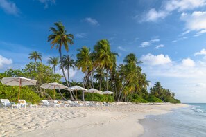 A beach with white lounge chairs and umbrellas, palm trees, and a clear sky. - Sabba Summer Suite Maldives (Fodhdhoo)