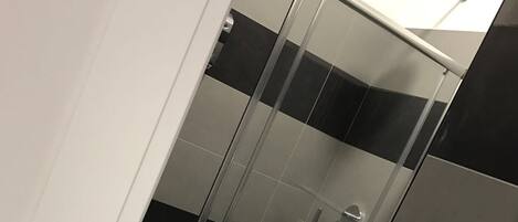 A modern bathroom with a glass-enclosed shower, a toilet, and a sink.