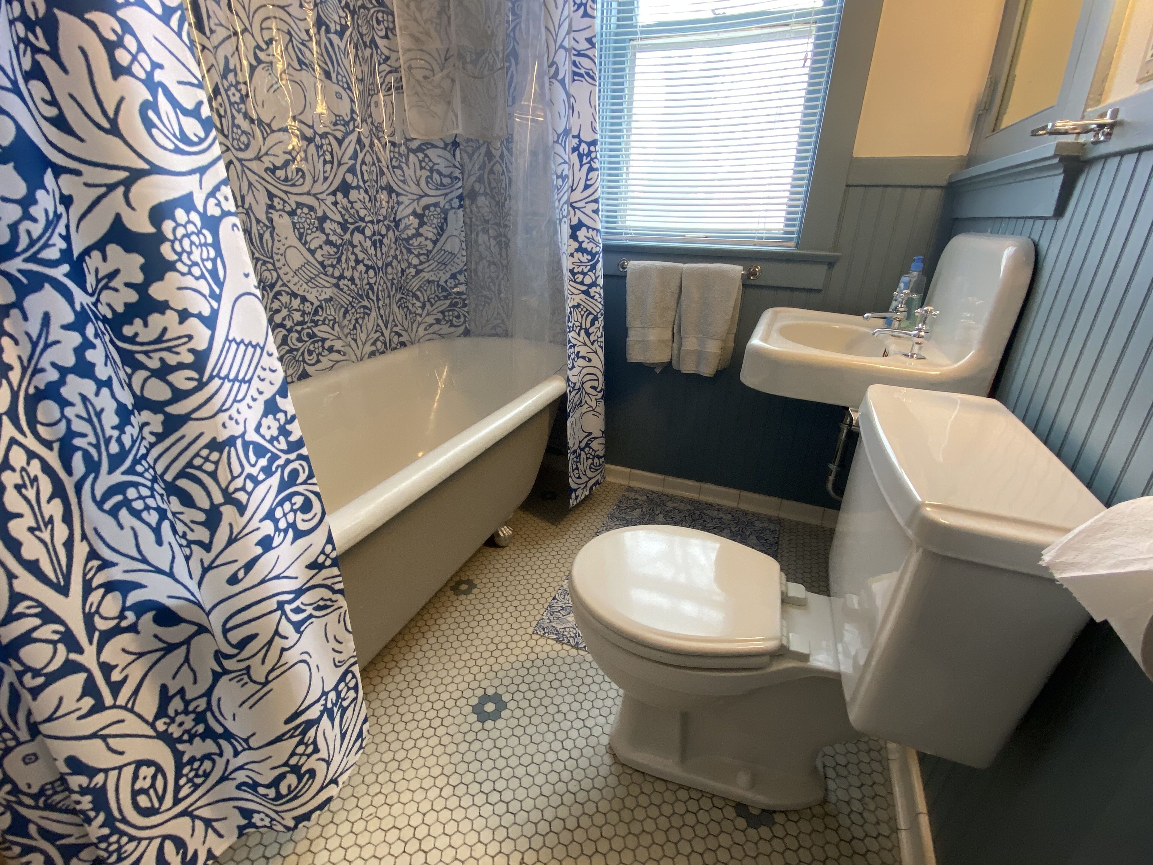 Une salle de bain équipée d’une baignoire, de toilettes, d’un lavabo et d’un rideau de douche à motifs.