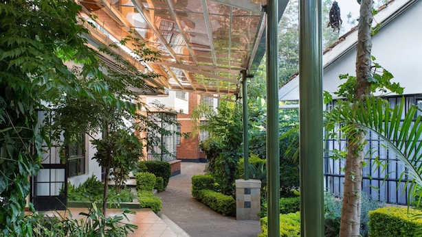 An indoor garden pathway with a glass ceiling, surrounded by lush greenery and a brick building in the background.