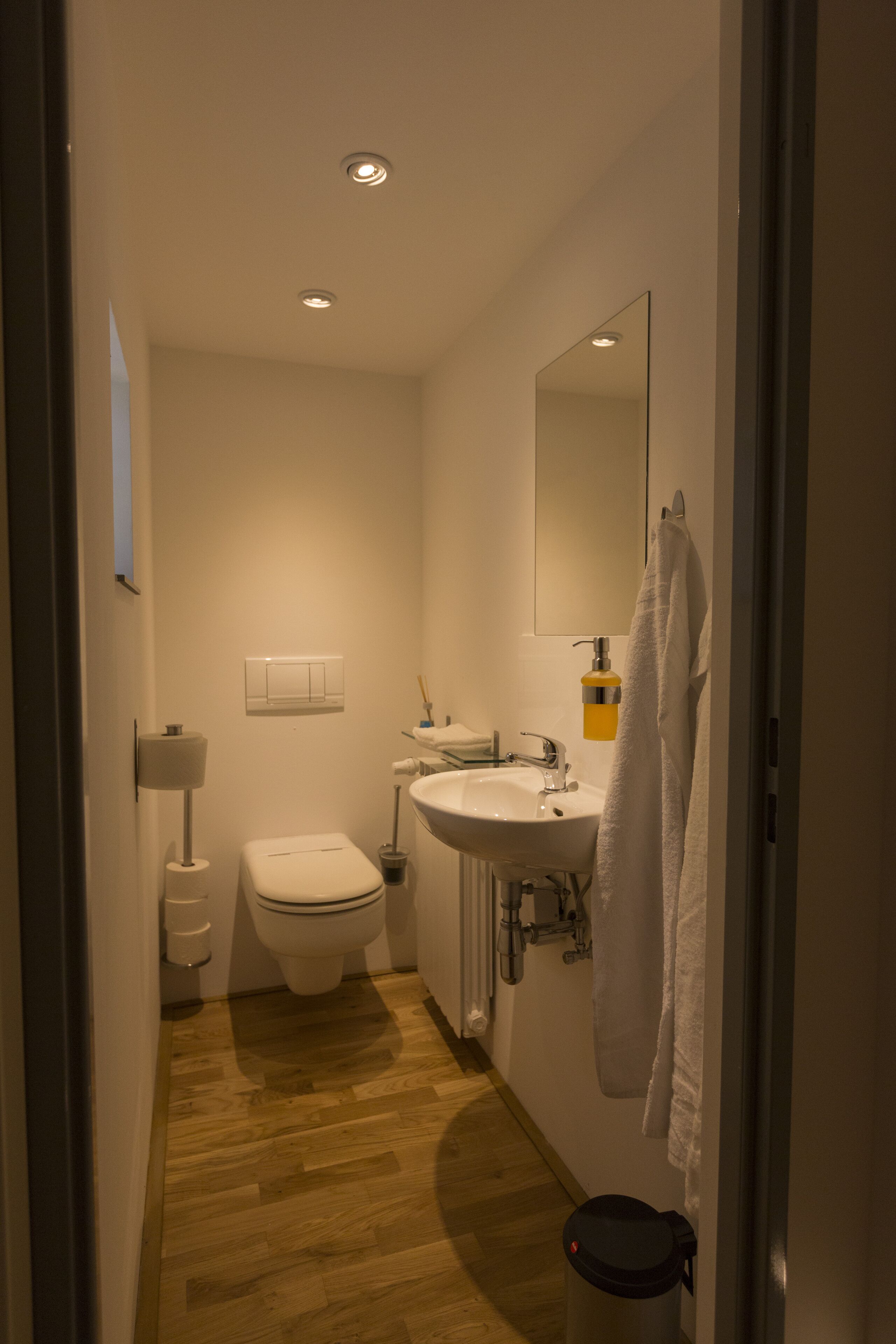 Ein schmaler Flur, der zu einem Badezimmer mit Toilette, Waschbecken und Spiegel führt.