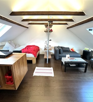 Comfort Studio, Kitchenette | Living area | 37-inch flat-screen TV with satellite channels, TV, Netflix - Schacht85 (Oberhausen)