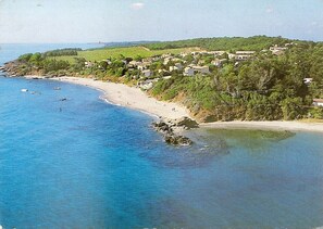 Un pueblo costero con casas a lo largo de la playa y barcos en el agua.