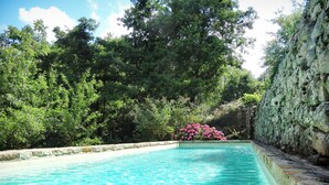 A swimming pool surrounded by lush greenery and a stone wall. - NEST OF LOVE in South Ardèche (Les Vans)