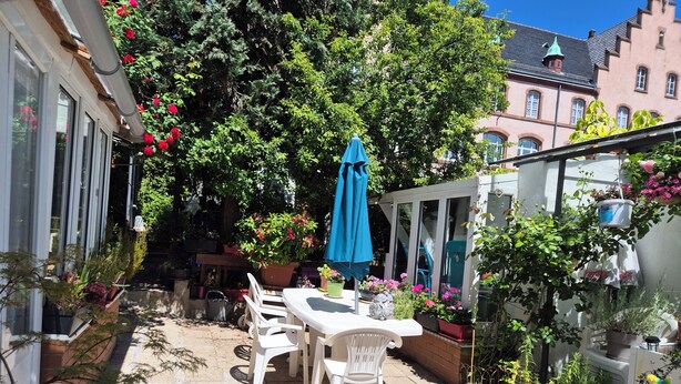 A patio with a table and chairs, surrounded by potted plants and a large tree.