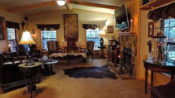 Smart TV, fireplace, DVD player, books