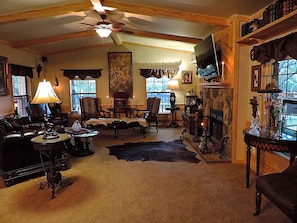 Älytelevisio, takka, DVD-soitin, kirjoja