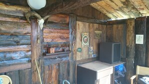 Interior rústico de una cabaña con paredes y techo de madera, un pequeño mostrador de madera y un cráneo de animal montado.