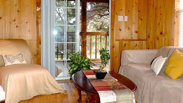 A cozy cabin interior with a wooden ceiling, a large window, a sofa, a bench, and a coffee table with plants. - Butterflies Cabin @ HomeAway Ranch (Boerne)