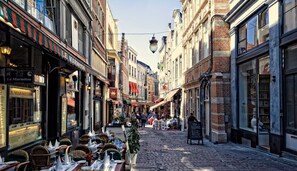 Une rue pavée bordée de bâtiments européens traditionnels, dont certains arborent des enseignes indiquant la présence de commerces locaux.
