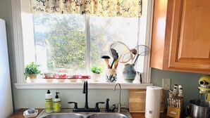 A kitchen with a double sink, a window with a floral curtain, and various kitchen utensils and appliances on the windowsill.