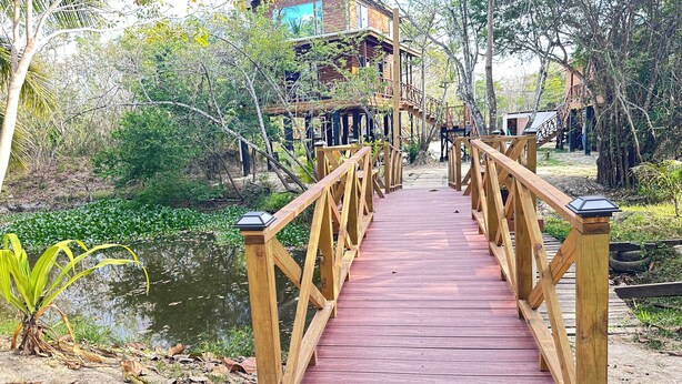 Un pont en bois mène à une maison en bois à plusieurs niveaux, entourée d’une végétation luxuriante et d’un étang.