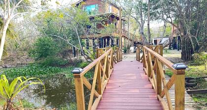 Amazing Jungle Tree House right over the river with bikes and canoe