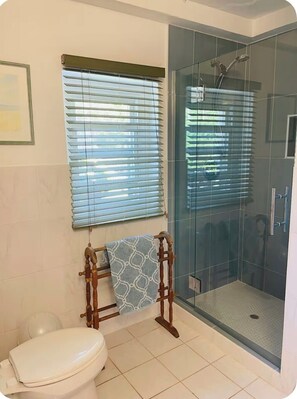 Shower, hair dryer, towels, soap