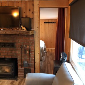 Smart TV, chimenea, libros