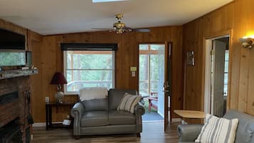 Smart TV, fireplace, books