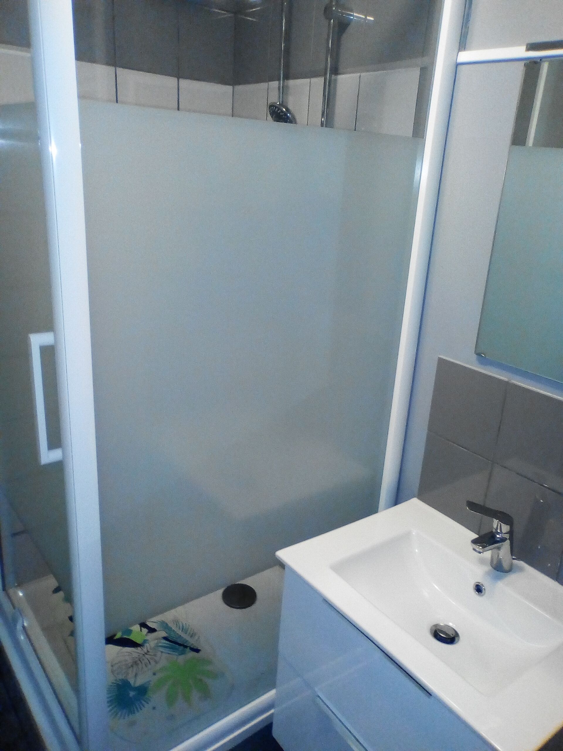 A bathroom with a glass shower enclosure, a white sink, and a mirror.