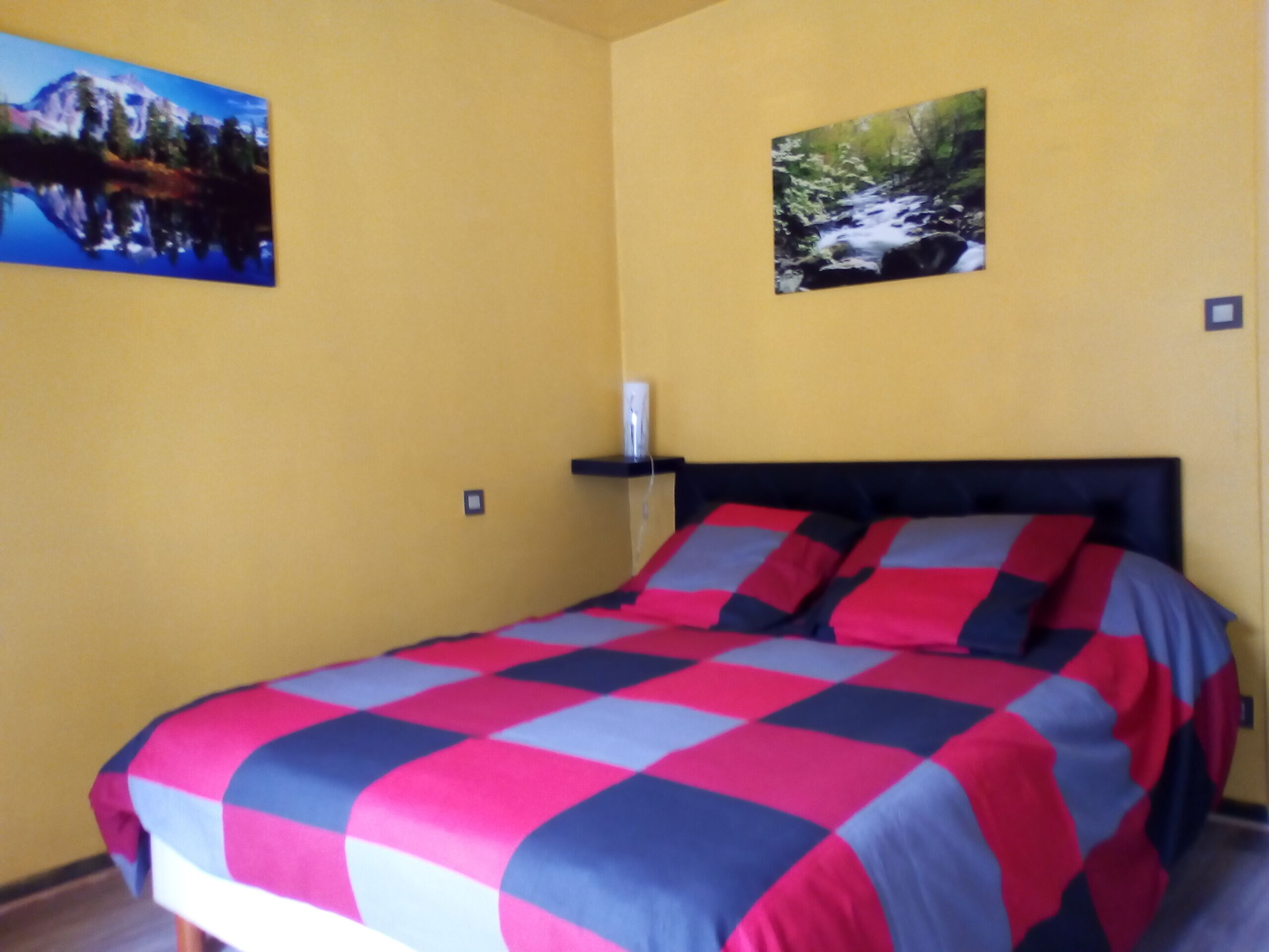 Une chambre à coucher avec un lit, deux tableaux et une table de chevet.