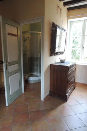 Shower, hair dryer, toilet paper