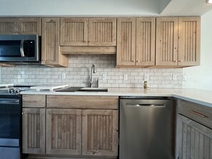 Enjoy cooking and cleaning in this sleek kitchen with stainless steel appliances, a spacious countertop, and a white tiled backsplash.