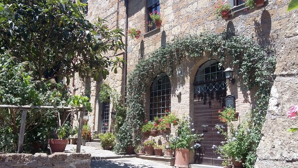 Une cour bordée de murs en pierre, agrémentée de plantes en pot et d’une clôture en bois.