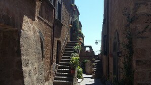 Une rue étroite bordée d’immeubles en pierre, avec un escalier et des plantes en pot.