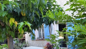 Une terrasse en pierre avec une table et des chaises en métal blanc, entourée de plantes en pot et d’un arbre.