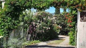 Un chemin de gravier traverse un jardin bordé d’un côté par un mur de pierre et de l’autre par une clôture en bois.