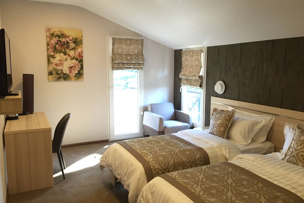Habitación de hotel con dos camas, un escritorio, una silla y un televisor.
