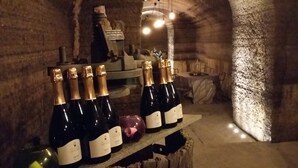 Bottles of wine in a dimly lit cellar with stone walls and a rustic ambiance.