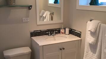 Combined shower/bathtub, hair dryer, towels