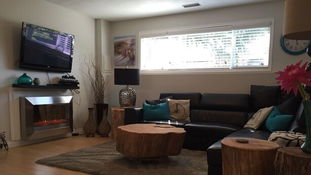 Un salon moderne avec une cheminée, un téléviseur, un canap é et une table basse.