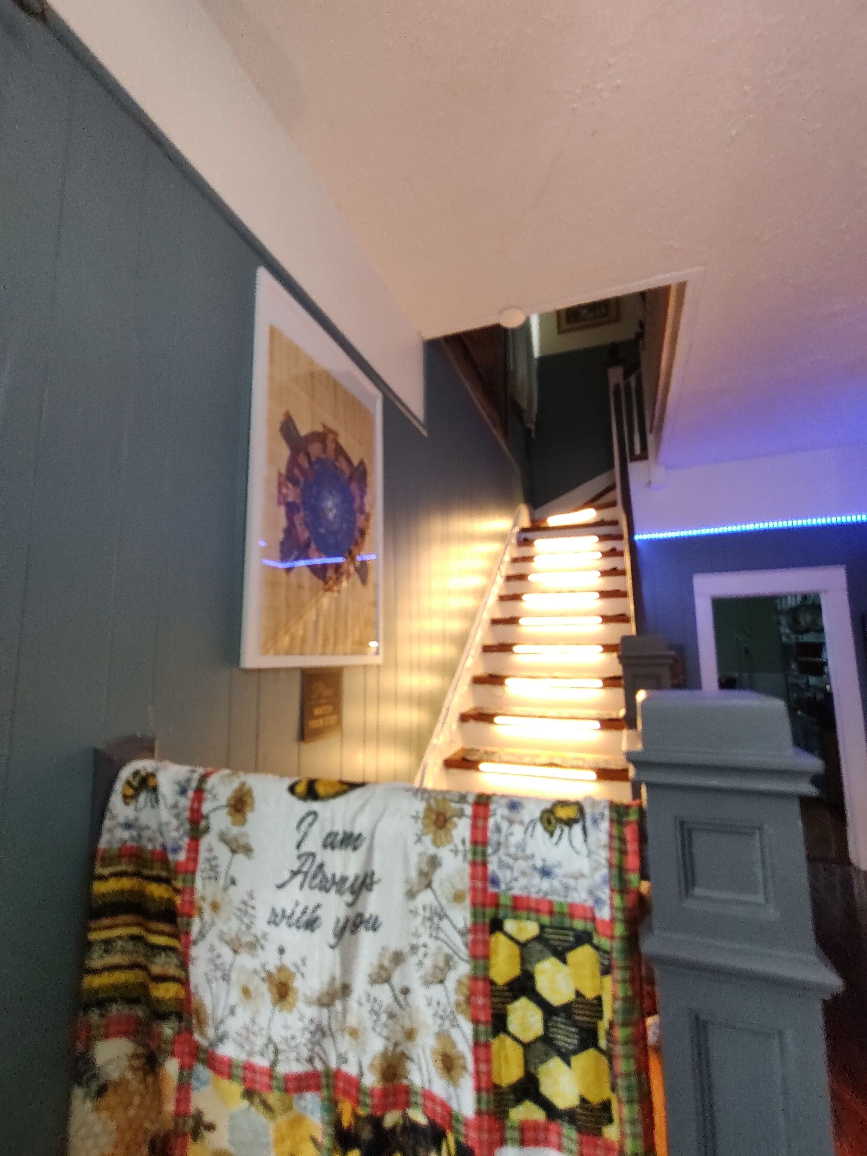 Un escalier recouvert d’une couverture à motifs, une œuvre d’art encadrée accrochée au mur et une rampe d’escalier ornée de lumières LED bleues.