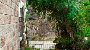 A stone pathway leading through a garden area with a brick wall on one side and a metal gate at the end.