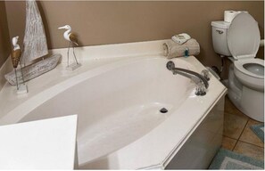 Douche, baignoire à remous, séchoir à cheveux, serviettes fournies