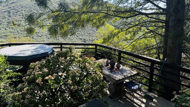 A terrace with a table and chairs, surrounded by lush greenery and a view of a hilly landscape.