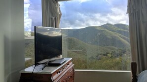 A room with a TV on a wooden dresser, a window with curtains, and a view of a mountainous landscape.