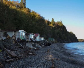A coastal property with a house and a shed, surrounded by a rocky shoreline and dense forest.