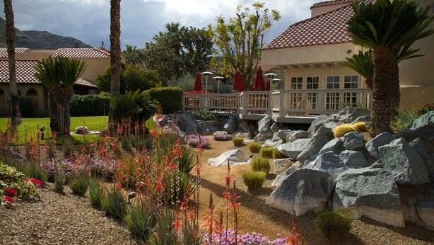 Un jardin aménagé avec une variété de plantes et de rochers, un espace piscine doté de parasols, et un bâtiment avec un toit recouvert de tuiles.