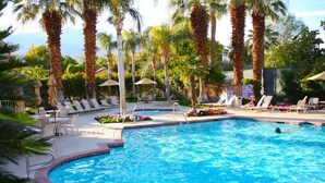 Une piscine avec des chaises longues et des palmiers.