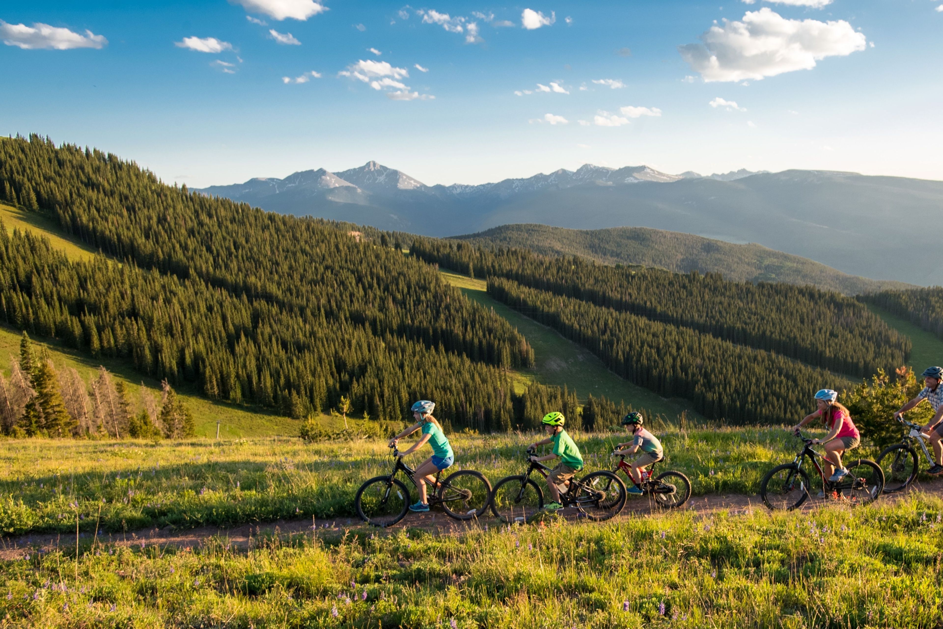 A group of cyclists on a mountain trail with forested hills and distant mountains in the background.