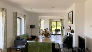 TV, fireplace, DVD player, books