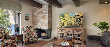 Flat-screen TV, fireplace